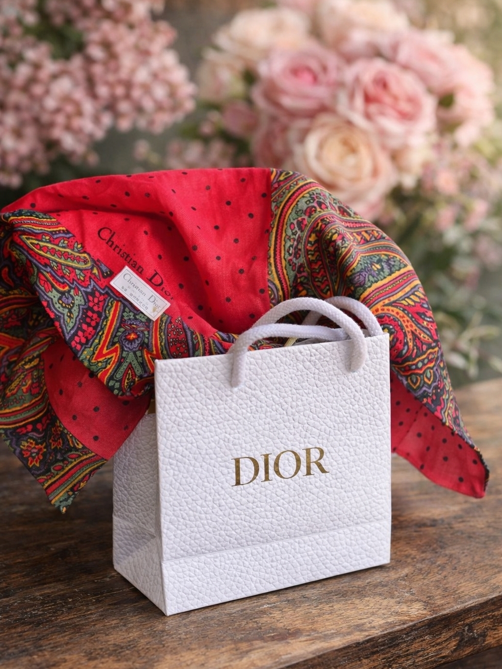 Authentic Dior Red Cotton Polka Dot Paisley Scarf With Giftbag NWOT
